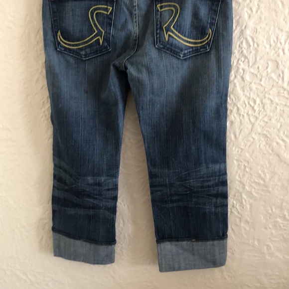 Rock & Republic Y2k 2000s Dark Wash Neon Yellow Low Rise Cropped Jeans Capris 28 - Picture 6 of 10